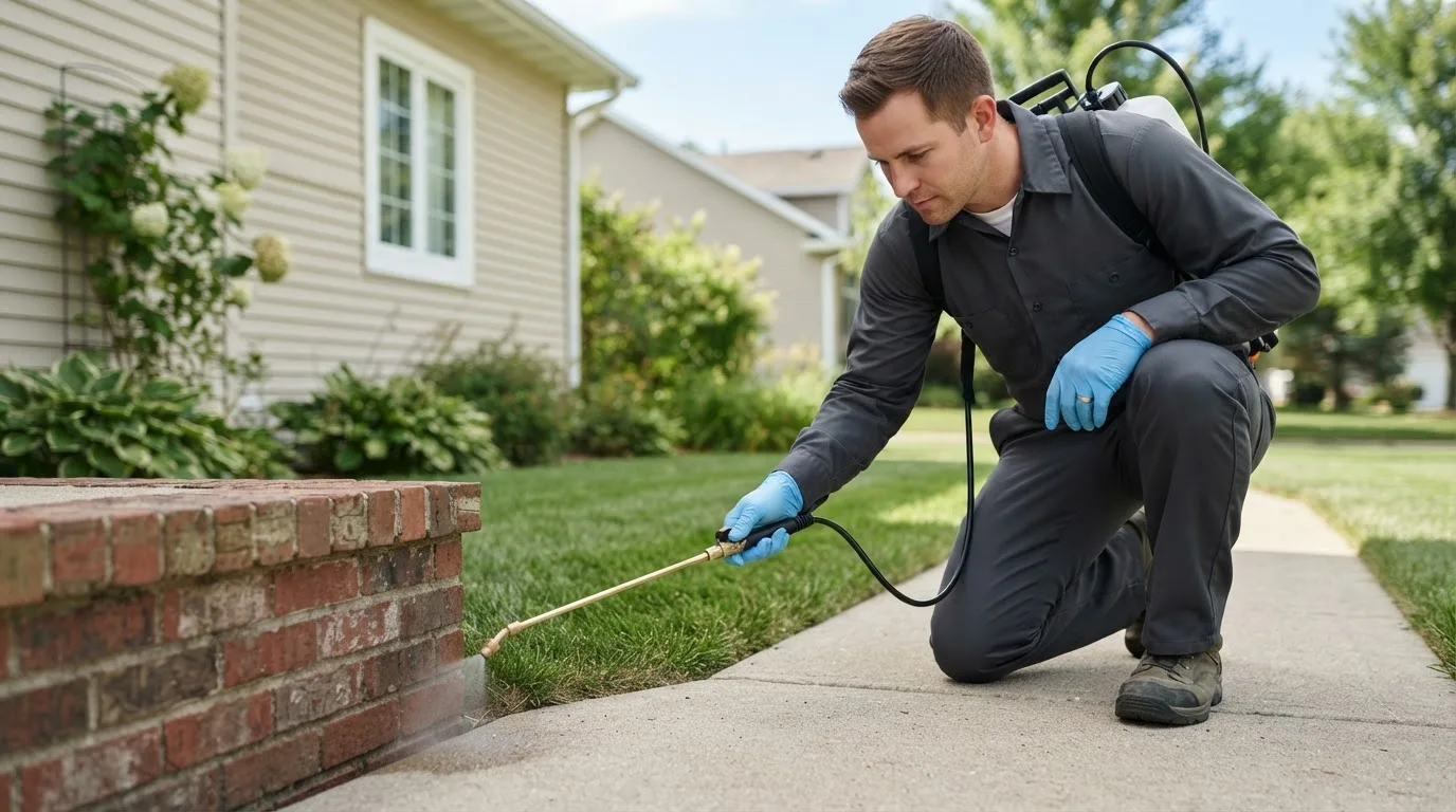 Pest control technician treating a home near Yucaipa, CA