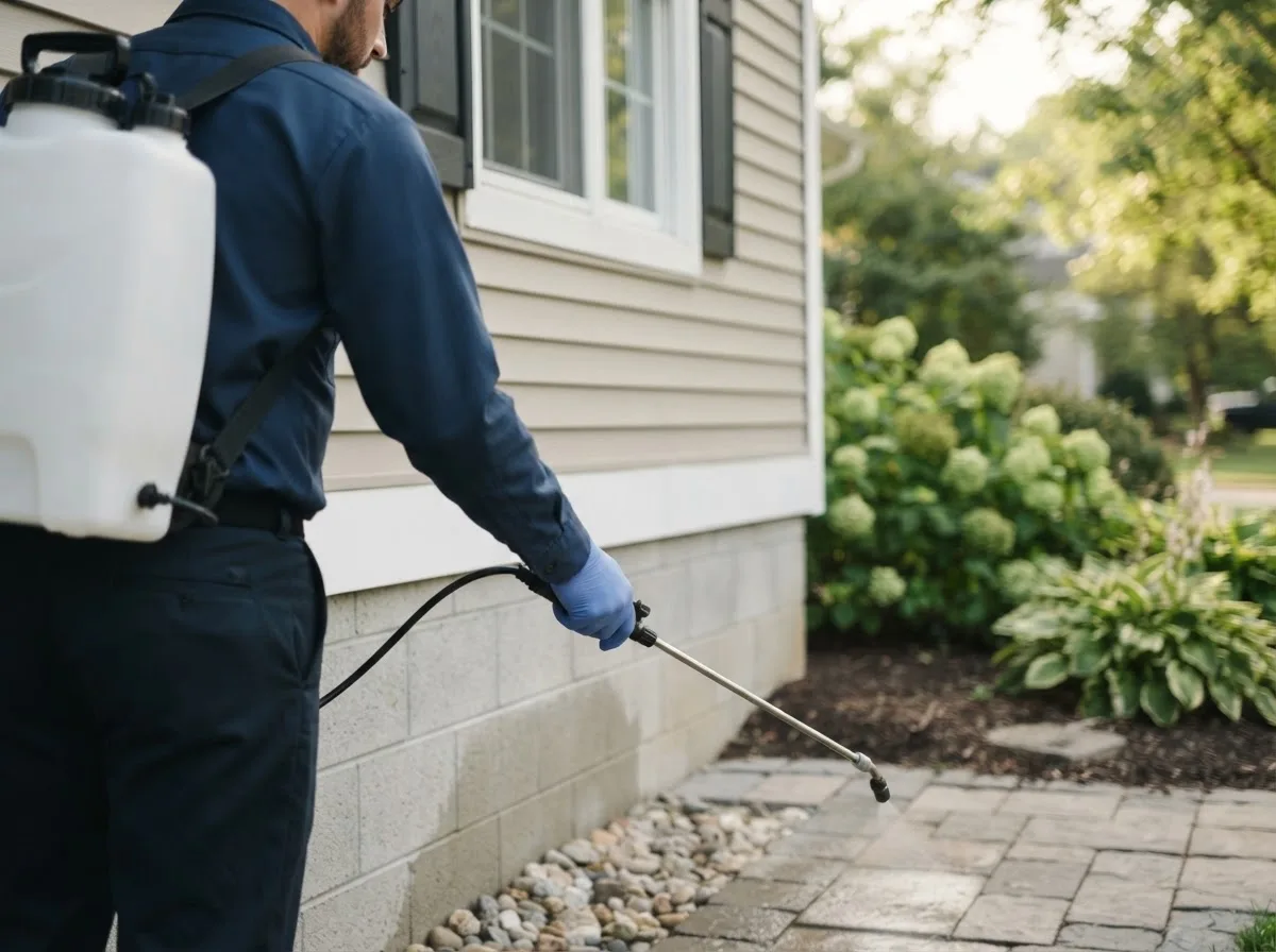 Pest control technician inspecting a home in Yucaipa, CA